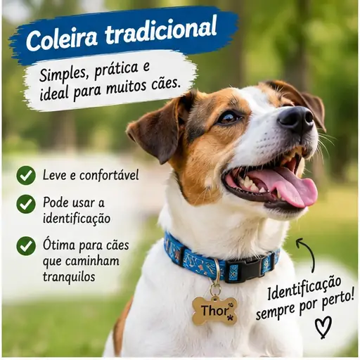 Cachorro utilizando coleira tradicional ao redor do pescoço