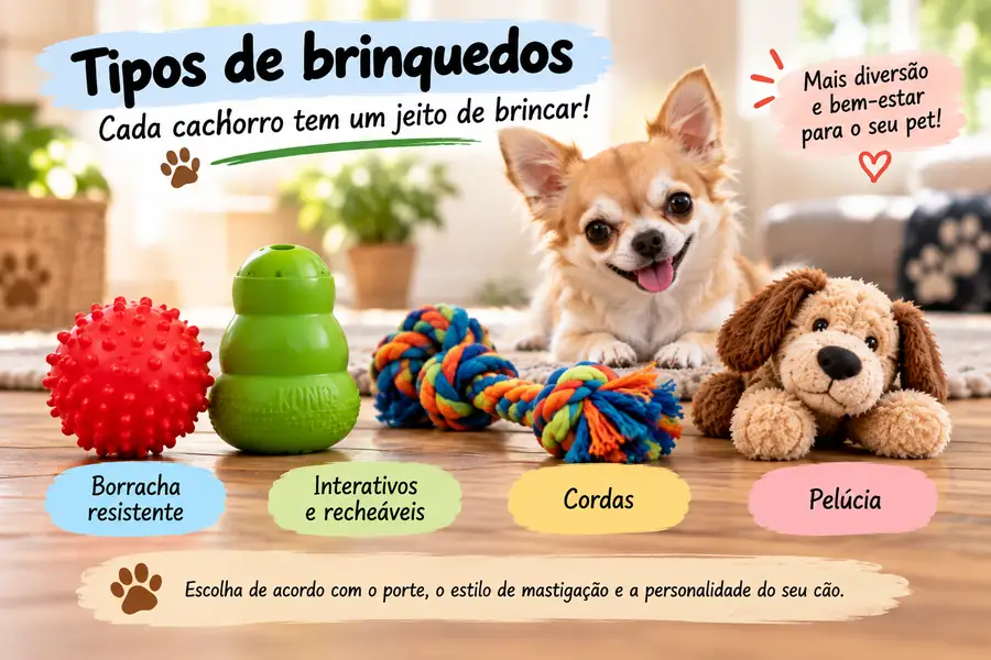 Tipos de brinquedos para cachorro com diferentes materiais e formatos