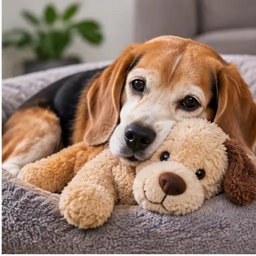 Cachorro idoso brincando com brinquedo macio adequado às suas necessidades