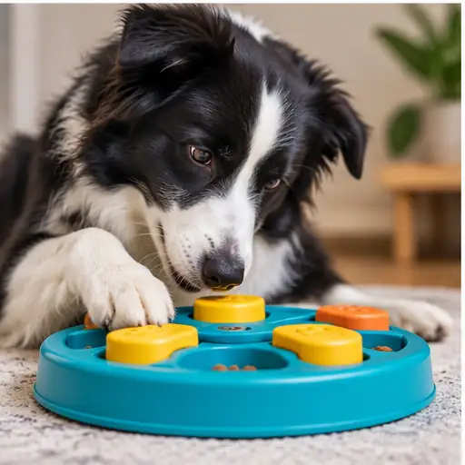 Cachorro explorando brinquedo interativo durante uma atividade