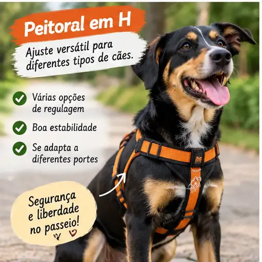 Cachorro utilizando peitoral em H com tiras ajustáveis