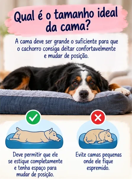 Cachorro em uma cama e explicação sobre o tamanho ideal para permitir que ele se estique e mude de posição