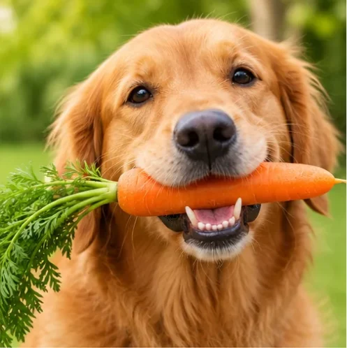 Cachorro segurando uma cenoura crua na boca como opção de petisco