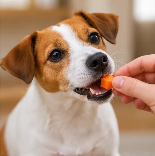 Cachorro recebendo pequeno pedaço de cenoura como petisco