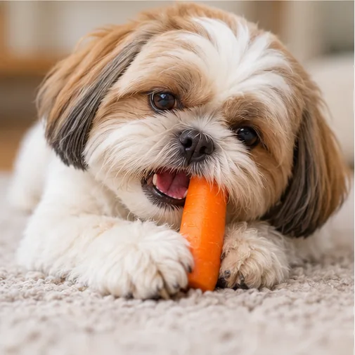 Cachorro mastigando cenoura crua
