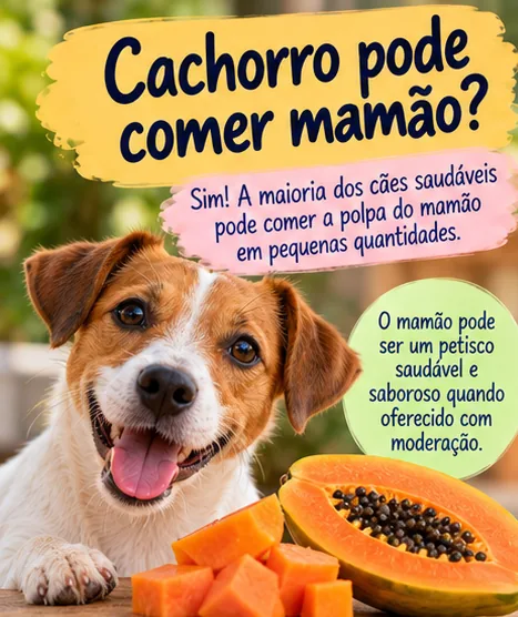 Cachorro ao lado de mamão e explicação de que cães saudáveis podem comer a polpa em pequenas quantidades