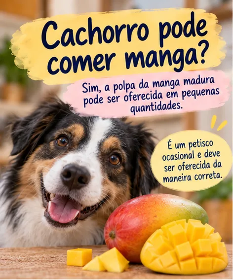 Cachorro ao lado de manga madura e explicação de que cães podem comer a polpa em pequenas quantidades