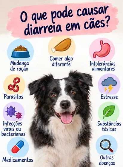 Principais causas de diarreia em cães, incluindo mudança de ração, parasitas, estresse, infecções e substâncias tóxicas