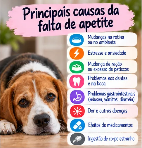Principais causas da falta de apetite em cachorro, como estresse, mudança de ração, problemas dentários, doenças e ingestão de corpo estranho