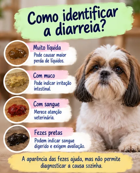 Tipos de diarreia em cachorro, incluindo fezes líquidas, com muco, sangue ou aparência preta