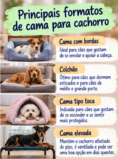 Principais formatos de cama para cachorro, incluindo cama com bordas, colchão, toca e cama elevada