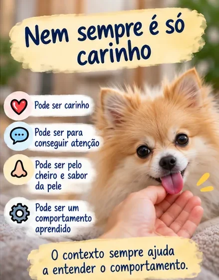 Spitz Alemão lambendo uma mão e explicação de que lambidas nem sempre significam carinho