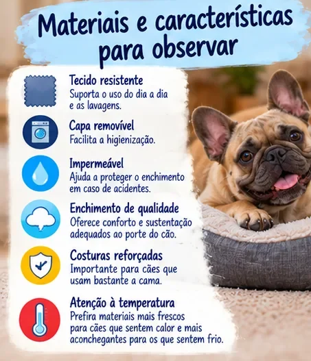 Materiais e características importantes na cama do cachorro, como tecido resistente, capa removível e enchimento adequado