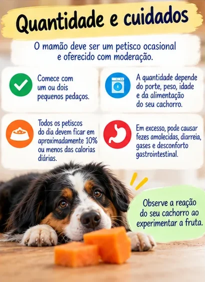 Orientações sobre quantidade e cuidados ao oferecer mamão para cachorro como petisco ocasional
