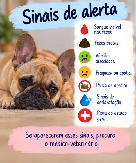 Sinais de alerta em cachorro com diarreia, como sangue nas fezes, vômitos, fraqueza, perda de apetite e desidratação