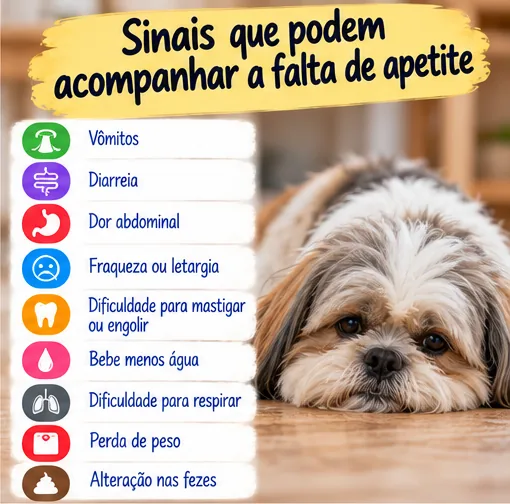 Sinais que podem acompanhar a falta de apetite em cachorro, incluindo vômitos, diarreia, dor, fraqueza e dificuldade para respirar