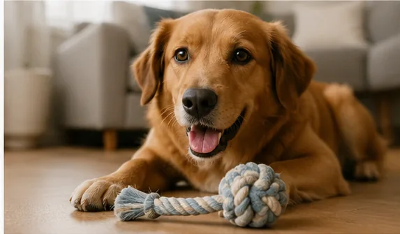 Cachorro utilizando brinquedo interativo em casa