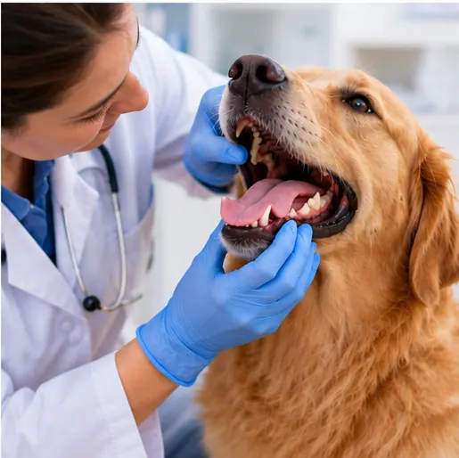 Veterinário avaliando a saúde bucal de um cachorro