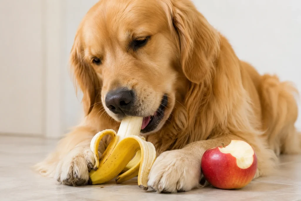 Cachorro próximo a uma banana e uma maçã, frutas que podem ser oferecidas com os devidos cuidados