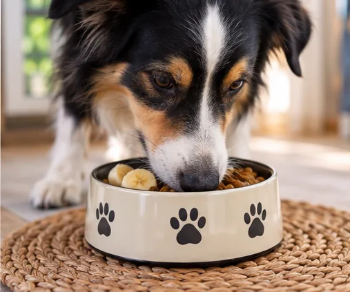 Pequena quantidade de banana junto à alimentação do cachorro