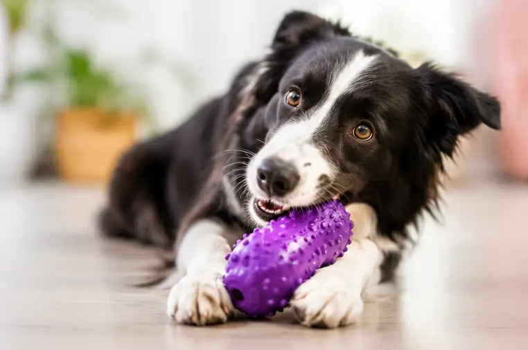 Border Collie brincando durante atividade de enriquecimento