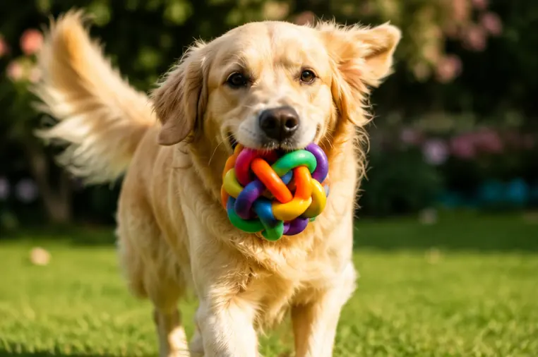 Cachorro brincando ao ar livre com brinquedo apropriado, gastando energia