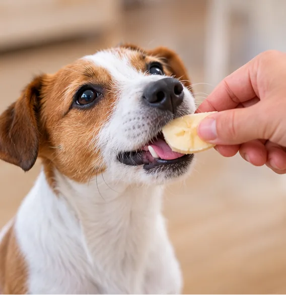 Cachorro recebendo um pequeno pedaço de banana como petisco