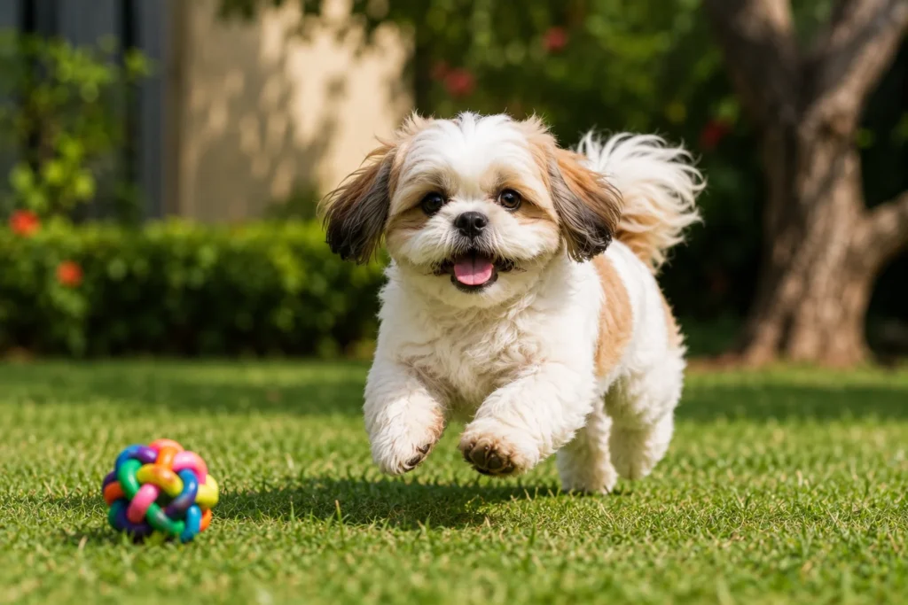 Cachorro saudável brincando ao ar livre, representando uma rotina de alimentação equilibrada e cuidados