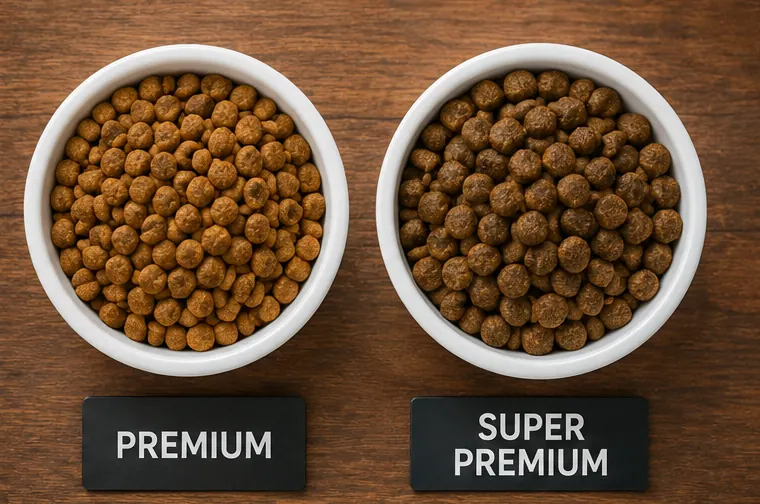 Dois potes com diferentes rações para cachorro representando a comparação entre Premium e Super Premium