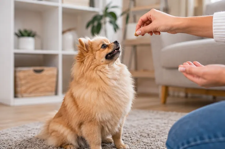 Cachorro sendo recompensado durante treinamento positivo