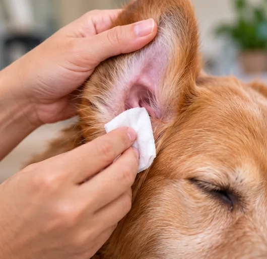 Limpeza delicada da região externa da orelha de um cachorro com gaze