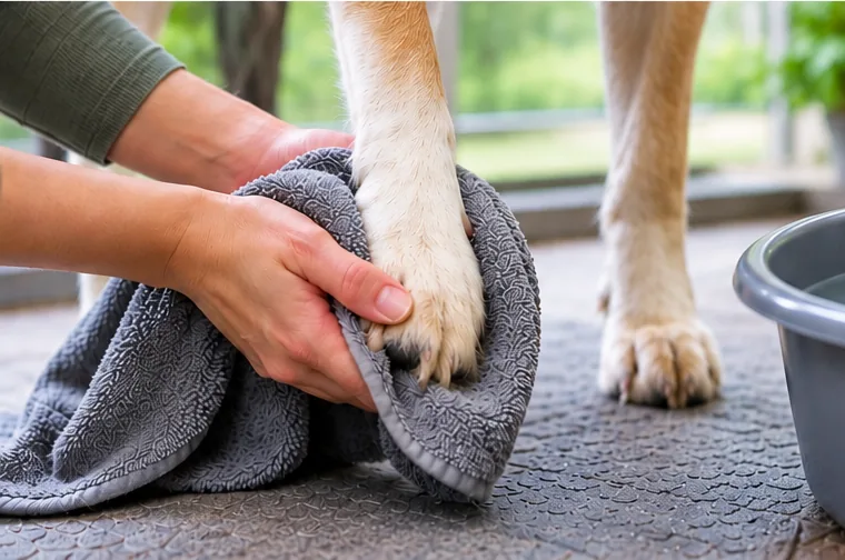 Tutor limpando delicadamente as patas do cachorro depois do passeio