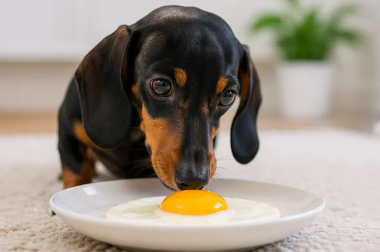 Cachorro diante de ovo cozido oferecido como petisco