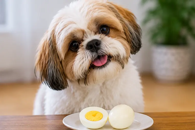 Cachorro próximo a um ovo preparado como alimento complementar