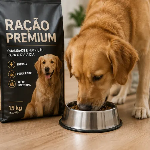 Cachorro comendo ração em seu pote de alimentação