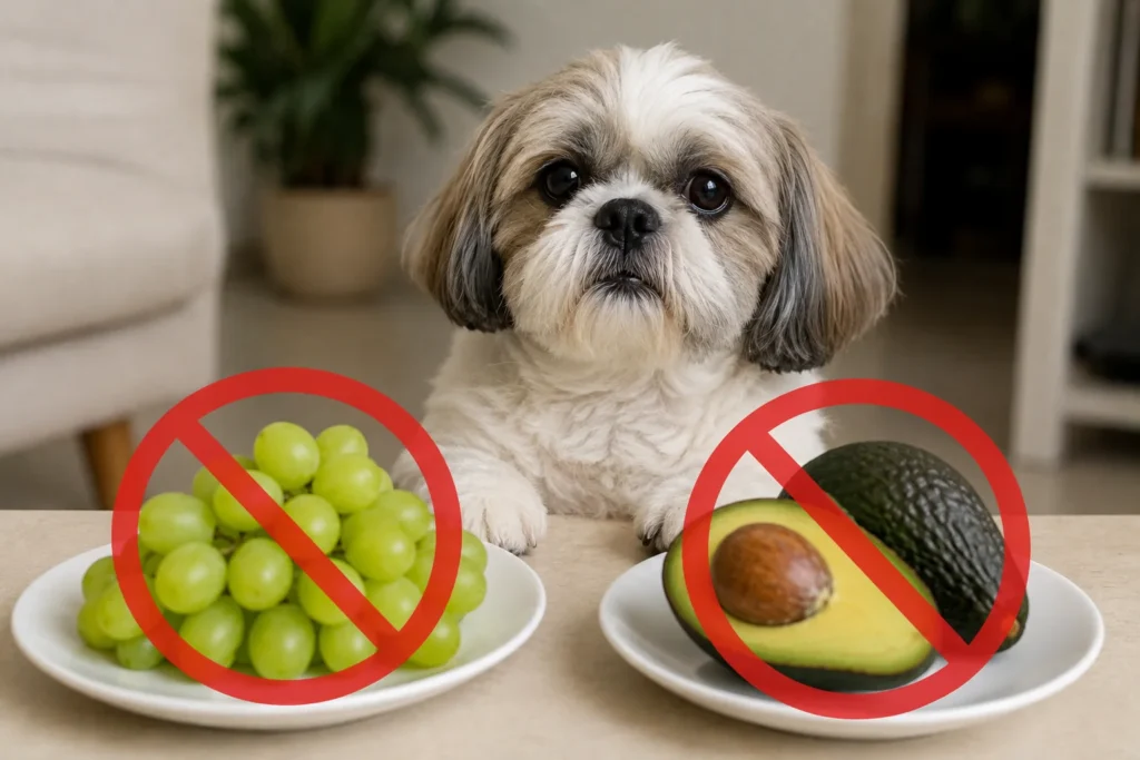 Uvas e abacate ilustrando frutas que apresentam diferentes riscos para cachorros