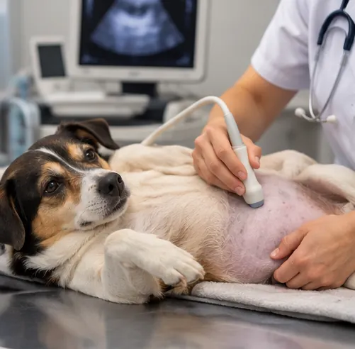 Veterinária realizando exame de ultrassom em uma cadela grávida