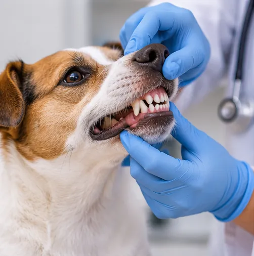 Cão de pequeno porte recebendo exame odontológico veterinário