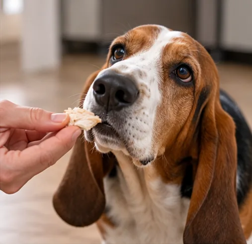 Basset Hound recebendo um pequeno pedaço de frango cozido da mão de uma pessoa.