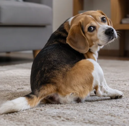 Cachorro da raça Beagle sentado sobre tapete em casa, olhando para trás ao sentir desconforto