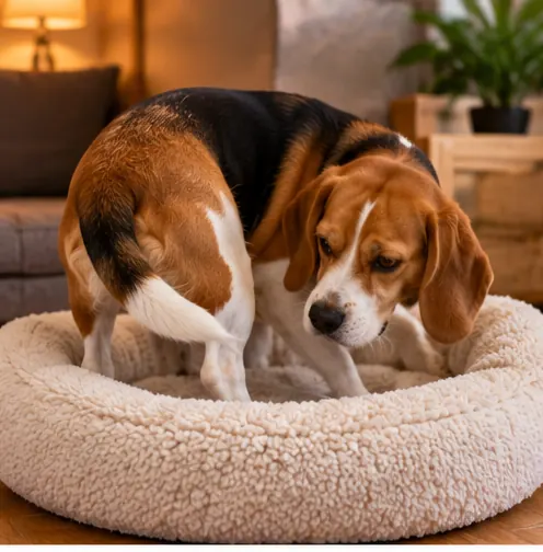 Beagle girando antes de deitar na cama
