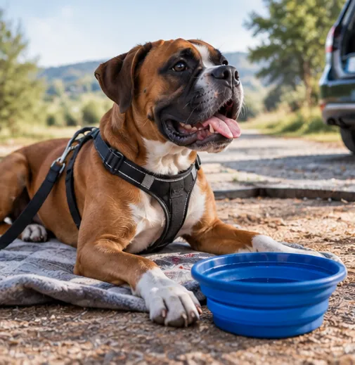 Cachorro Boxer descansando ao lado de um recipiente com água durante uma parada na viagem.