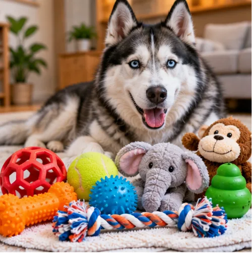 Husky ao lado de brinquedos de cachorro organizados e limpos
