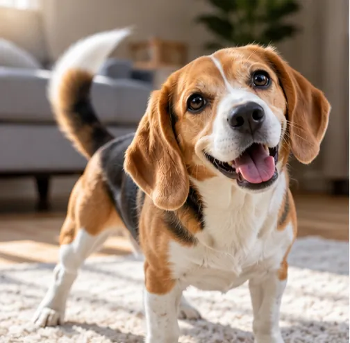 Cachorro beagle abanando o rabo com expressão alegre dentro de casa.