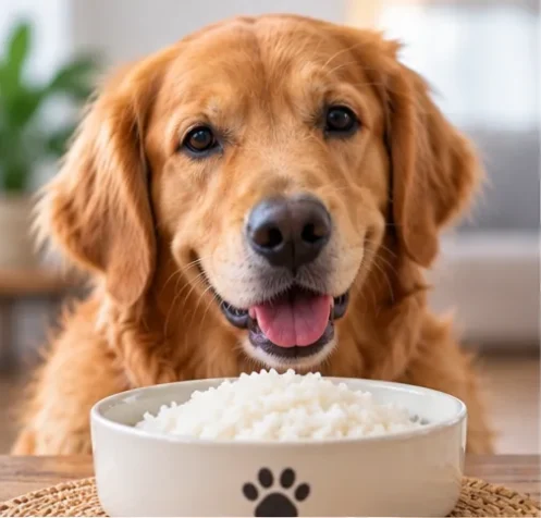Cachorro diante de uma tigela com arroz branco cozido sem temperos