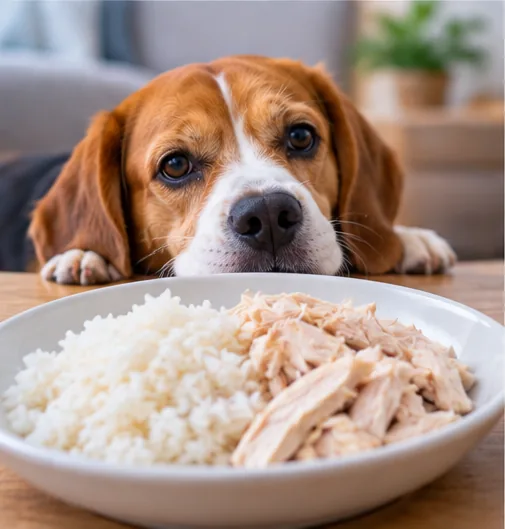 Cachorro diante de prato com arroz branco e frango cozido
