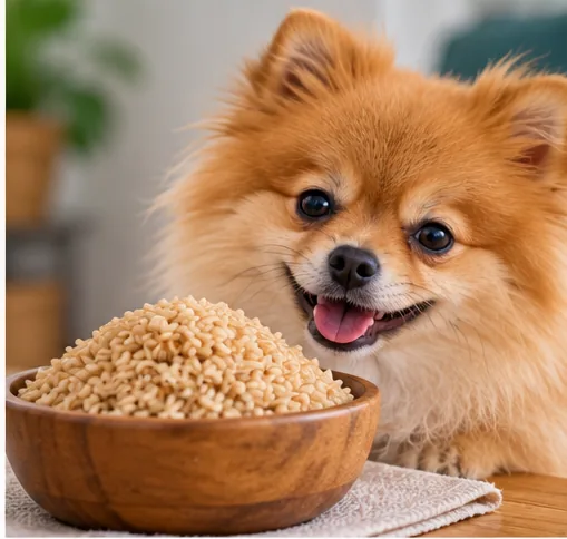 Cachorro ao lado de uma tigela com arroz integral