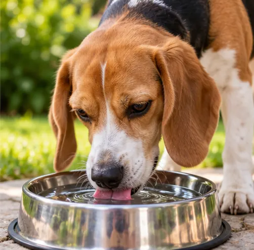 Cachorro beagle bebendo água em uma tigela de metal ao ar livre.