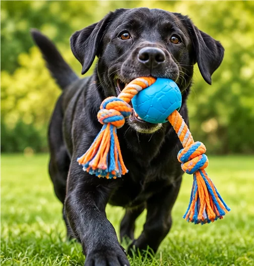 Cachorro com brinquedo de corda e bola para brincadeiras interativas