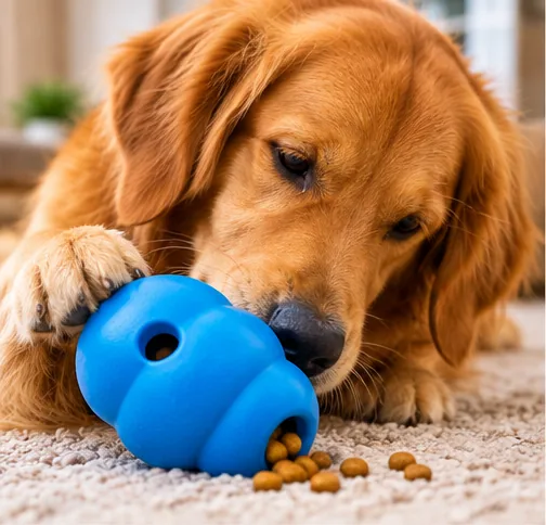 Cachorro usando brinquedo interativo dispensador de ração